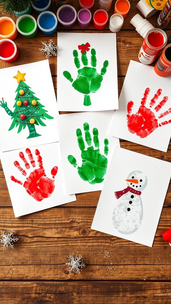 Handmade Christmas cards with colorful handprints shaped into trees, reindeer, and snowmen on a wooden table.